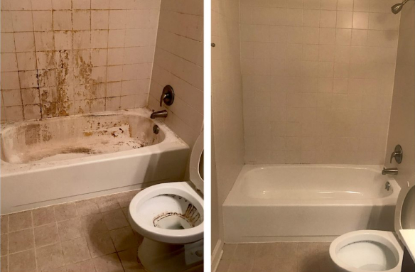 Before-and-after bathroom: dirty bathtub and tiles vs. clean rebuilt tub and tiles.