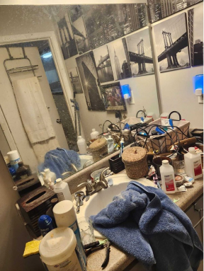 Cluttered bathroom vanity with towels, bottles, and brushes; mirror with bridge photos.