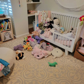 Tiny toddler bedroom with a white crib bed surrounded by stuffed animals, plush toys on the floor, and shelves with books in soft pastel decor.