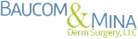 Logo reading "BAUCOM & MINA" with subtitle "Derm Surgery, LLC" in blue and yellow