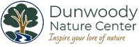 Circular logo with stylized tree and exposed roots in yellow on blue-green background alongside “Dunwoody Nature Center” text and orange tagline.