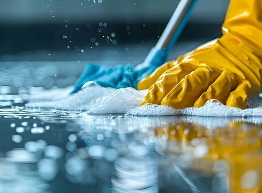 Person wearing yellow gloves cleaning a soapy surface with a sponge, blue glove in background.