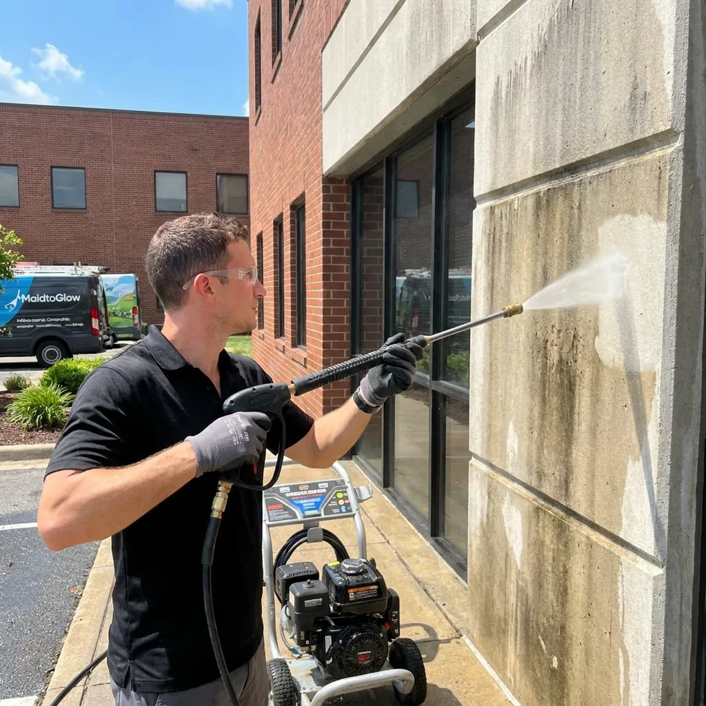 Man wearing safety goggles and gloves uses a pressure washer to clean a concrete wall outside a brick building.