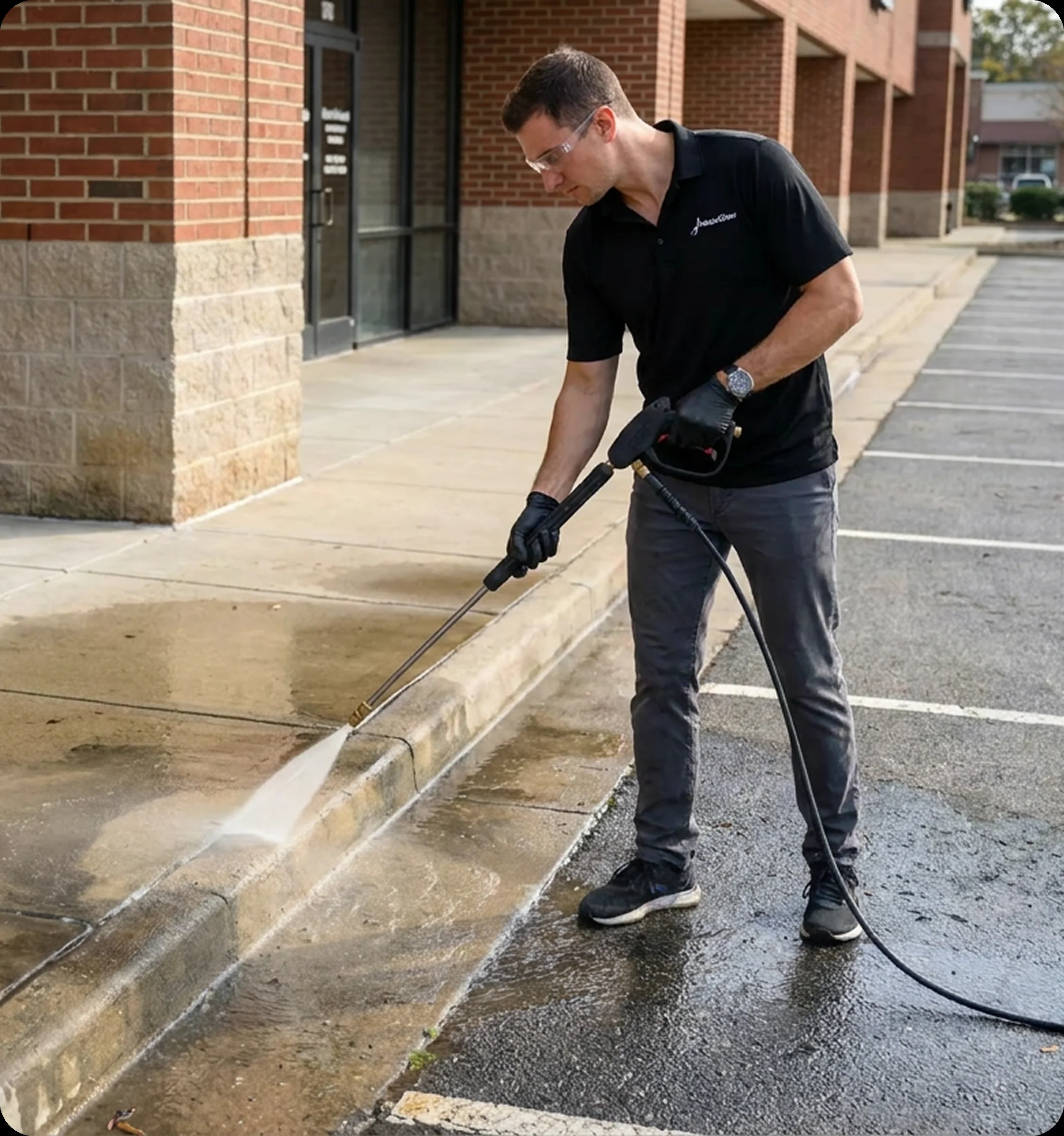 Man wearing safety glasses and black shirt uses a pressure washer to clean a curb outside a brick building.
