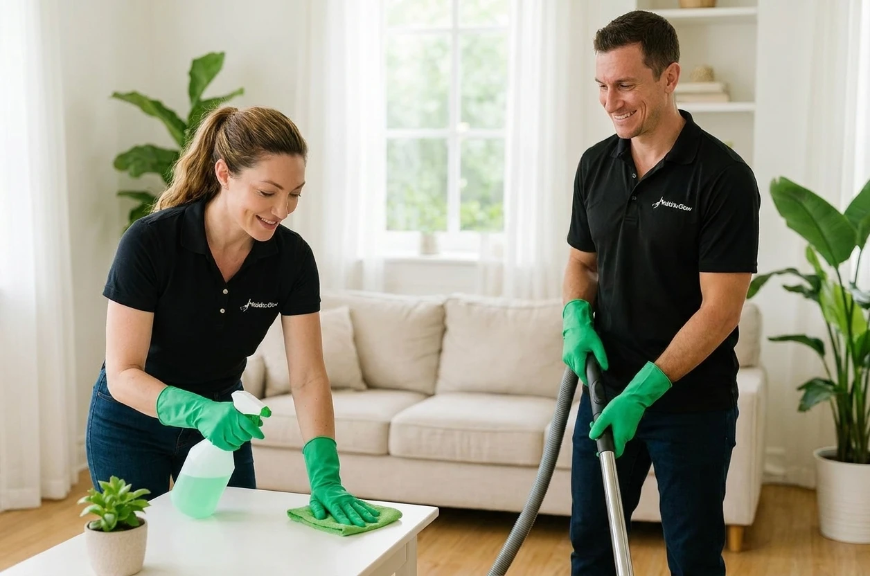 Two people cleaning a living room; woman wipes a white table with spray bottle, man vacuums floor.